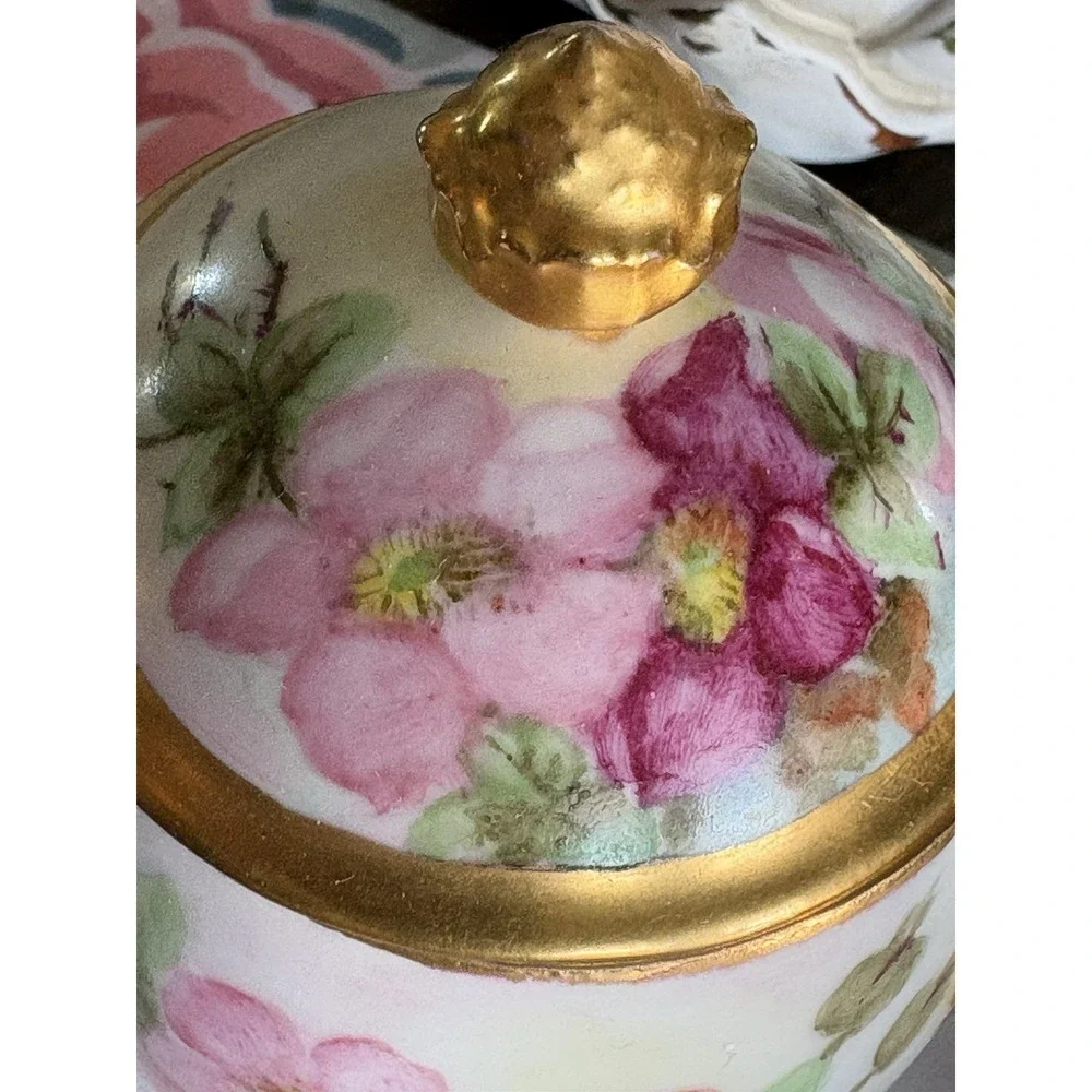 VTG Signed UNO Favorite Bavaria Hand Painted Sugar Creamer Rose Floral Gold Trim